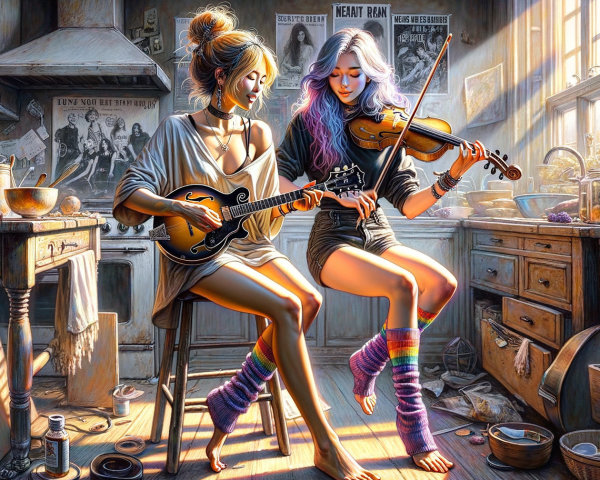 Cozy Kitchen Scene with Music and Friendship