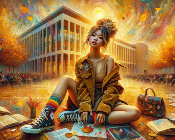 Young Woman in Autumn Setting with Books and Leaves