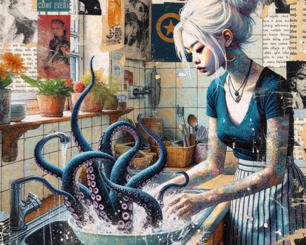 Surreal Kitchen Scene with Woman and Octopus