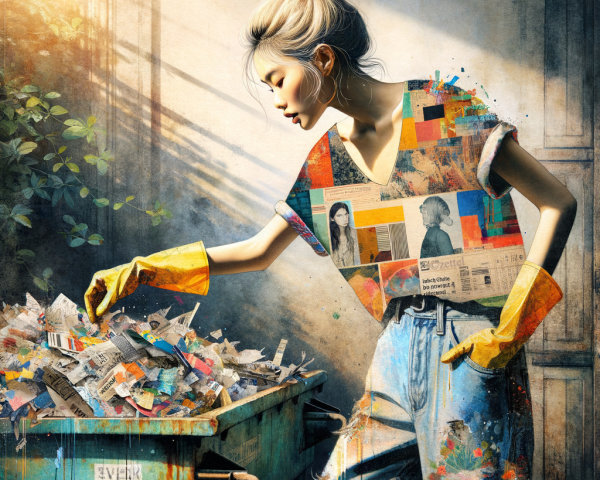Young woman in updo explores colorful dumpster scene