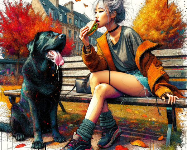 Young woman snacking on a bench in autumn park