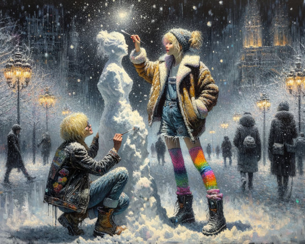 Winter Scene of Two Women Creating a Snow Sculpture