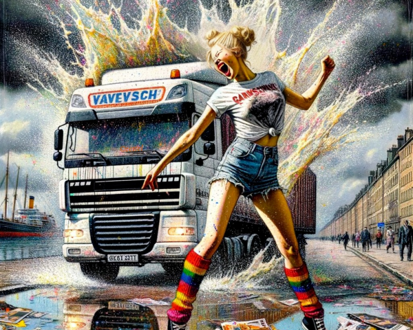 Vibrant Urban Scene with Woman Dancing in Rain