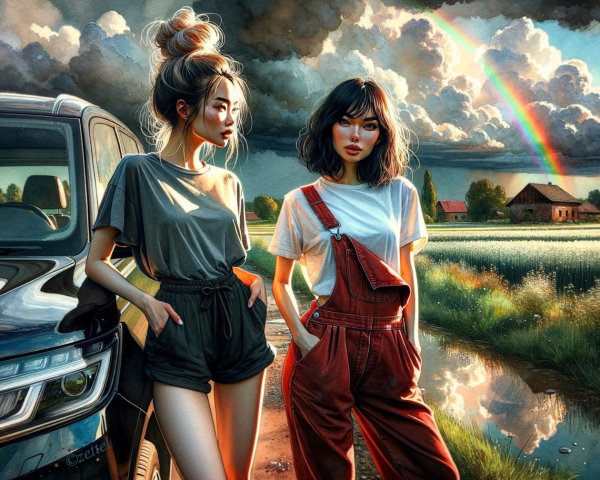 Young women by vehicle under dramatic sky and rainbow