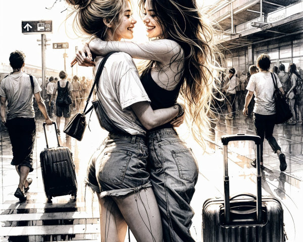 Joyful Embrace of Friends in a Busy Airport