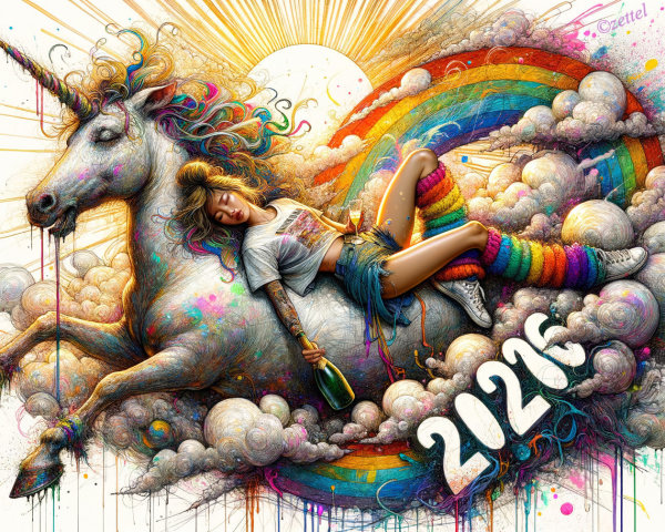 Unicorn with Colorful Paint and Woman in Whimsical Scene