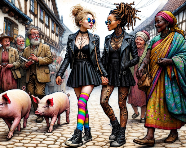 Stylish Women in Vibrant Cobblestone Village Scene