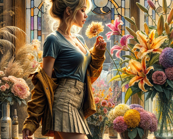 Young Woman in Sunlit Room with Vibrant Flowers