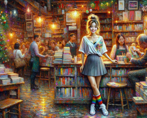 Impressionistic Winter Bookstore Scene with Decorations