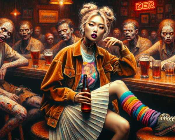 Stylish Woman Surrounded by Zombie Figures in Bar