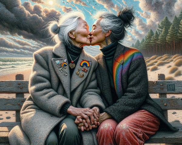 Elderly Women Kissing on Beach Bench with Scenic View