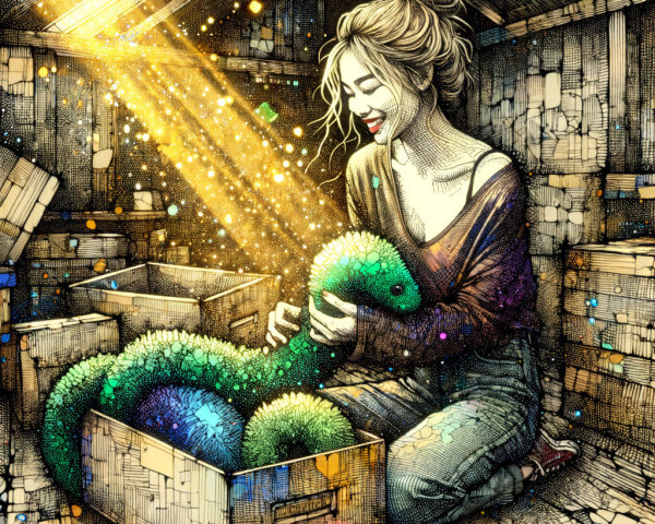 Cozy Attic Scene with a Young Woman and Colorful Creature