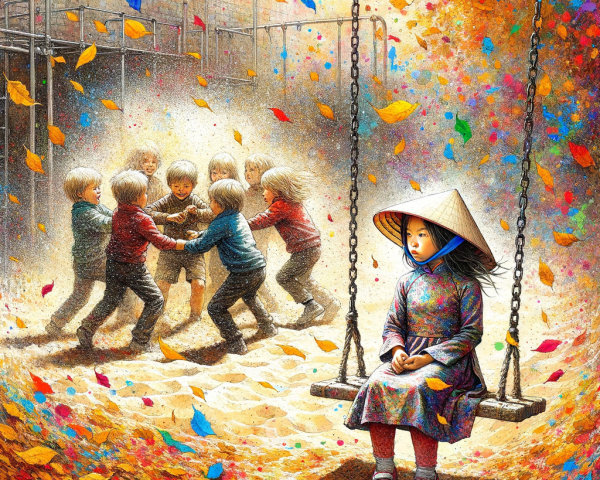 Young Girl on Swing Surrounded by Autumn Leaves