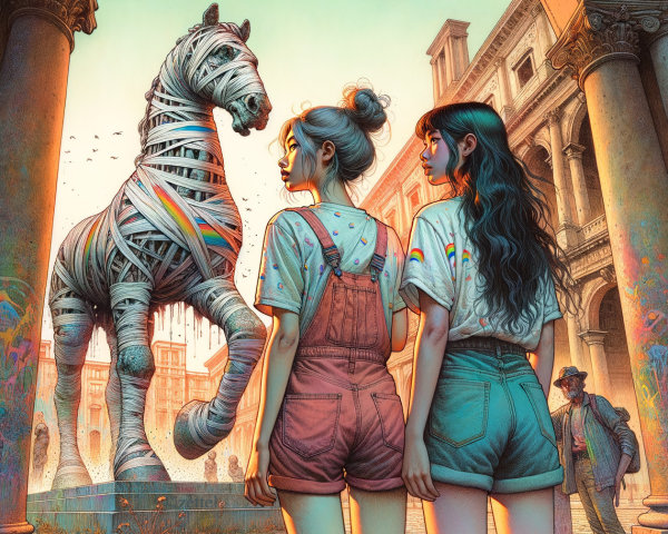 Vibrant City Square with Colorful Horse Statue and Art