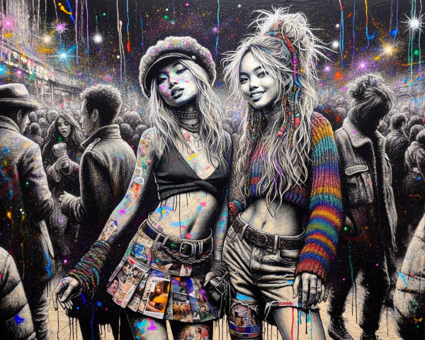 Young Women in Colorful Outfits in Urban Scene