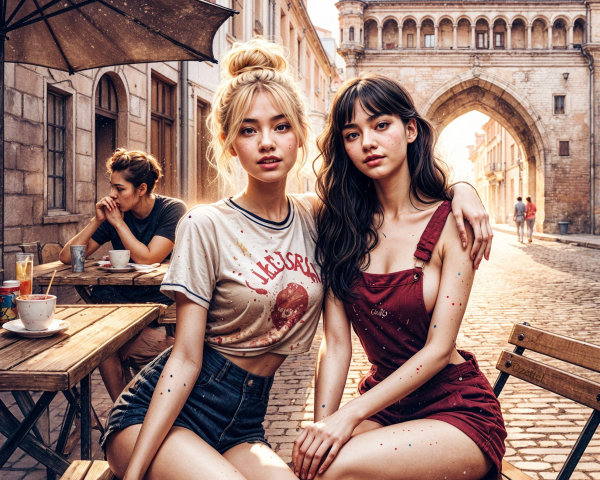 Young Women Posing on Cobblestone Street with Umbrella
