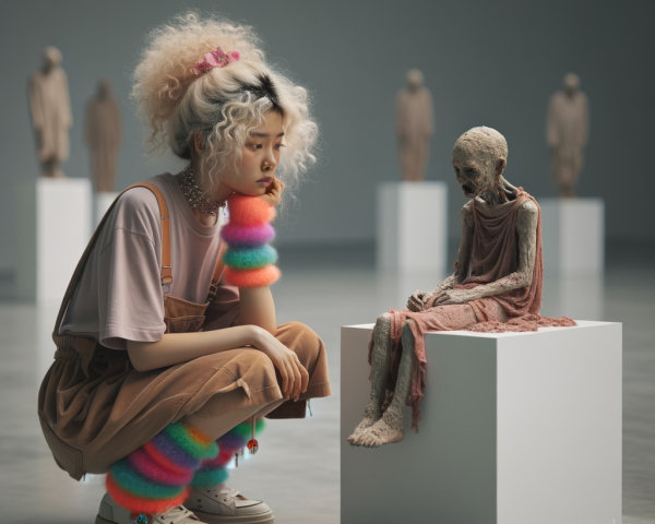 Young Woman Observes Skeletal Figure in Art Gallery