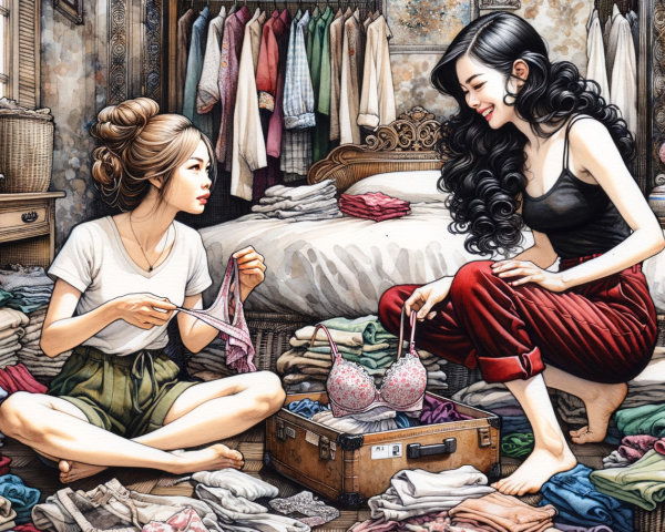 Cozy Bedroom Scene with Friends and Colorful Clothes