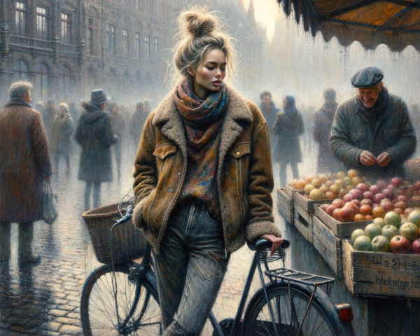Market Scene with Young Woman and Bicycle in Mist