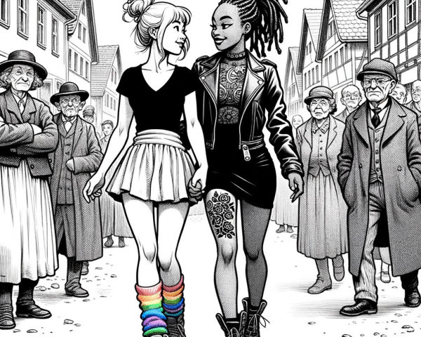 Young Women in Black-and-White Village Illustration