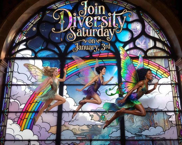 Fairies with Rainbow Wings Under a Stained Glass Window