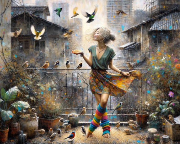 Young Woman Dancing on Balcony with Colorful Birds