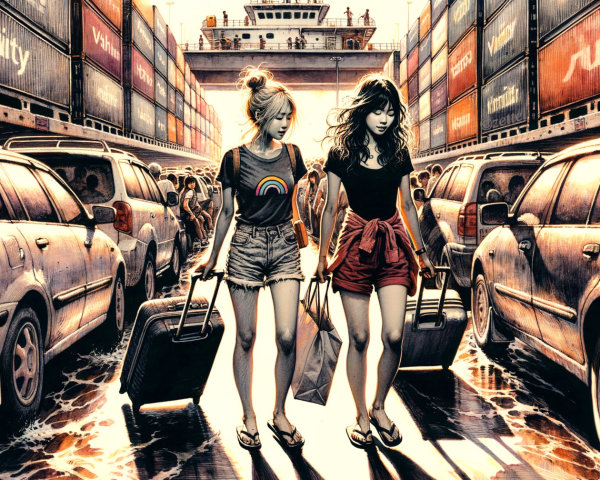 Young Women Navigating a Busy Port Scene