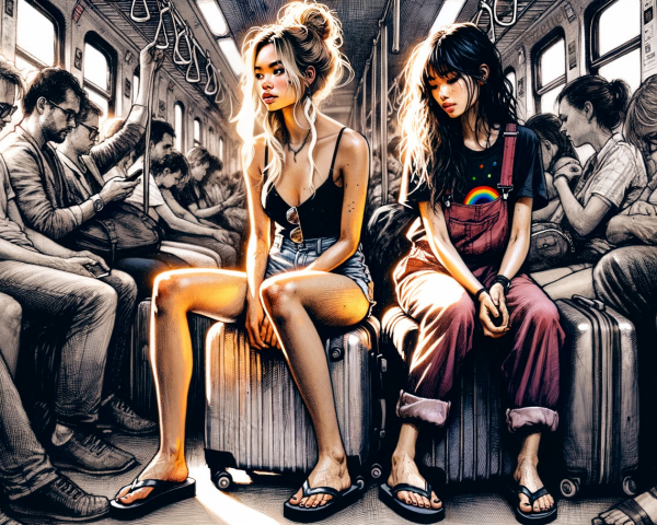 Young Women in Contrasting Styles on Subway Train