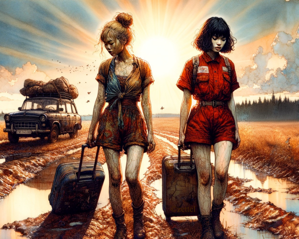 Young Women Walking on Muddy Country Road with Suitcases