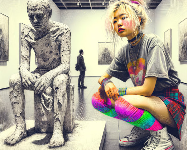 Young Woman in Colorful Attire at Modern Art Gallery