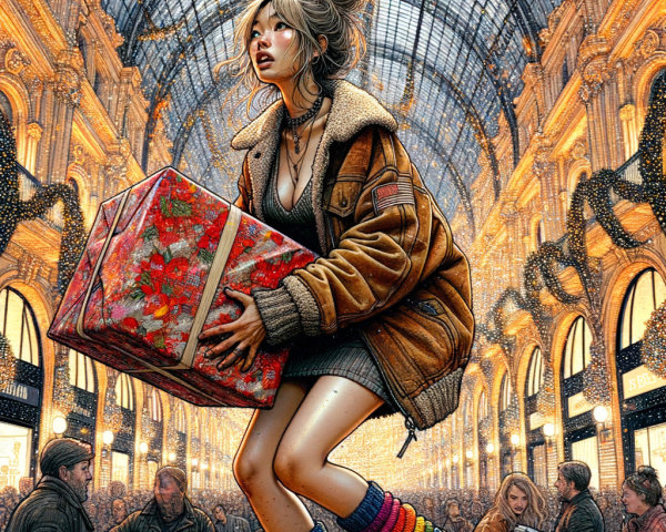 Young woman in festive shopping arcade with gift box