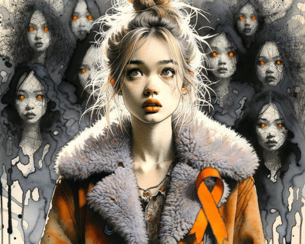 Young woman in fur-collared jacket with ghostly figures