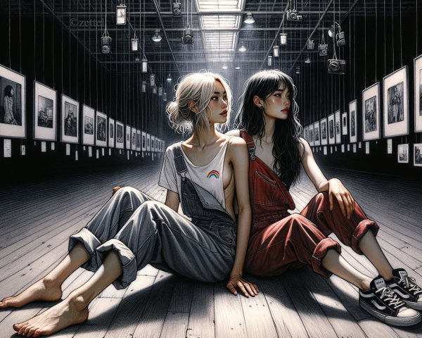 Young Women in Art Gallery Surrounded by Photographs
