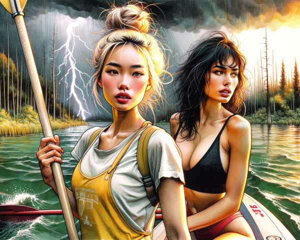Women kayaking on a lake with stormy backdrop