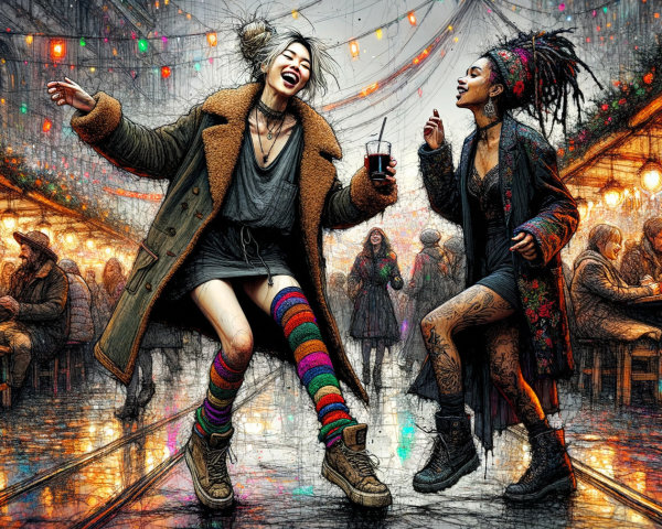 Joyful Dance of Two Women in Vibrant Night Marketplace