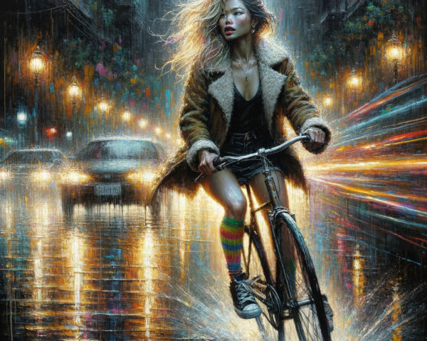 Young woman biking in rain-soaked urban night scene