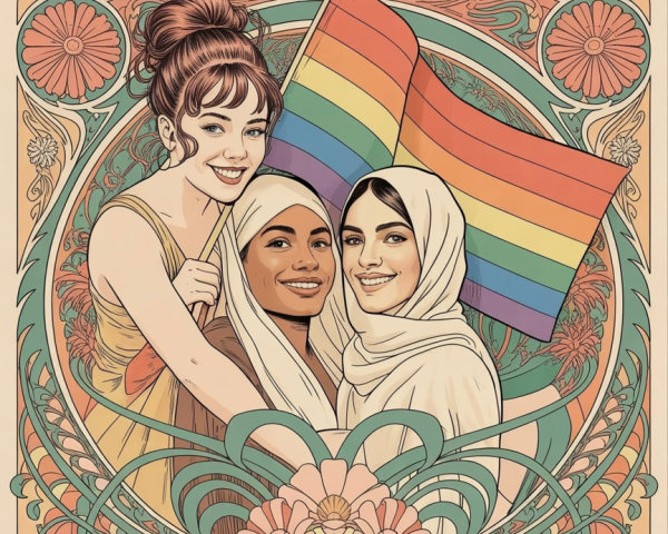 Celebration of Diversity with Women and Rainbow Flag