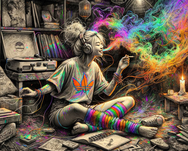 Stylish Woman with Colorful Smoke and Music Elements