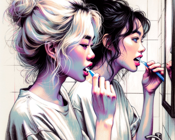 Young Women Brushing Teeth at Bathroom Sink