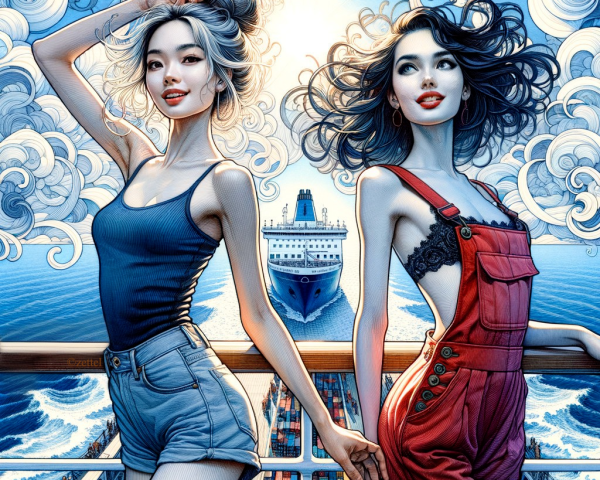 Young Women on Ship Deck with Vibrant Sea Background