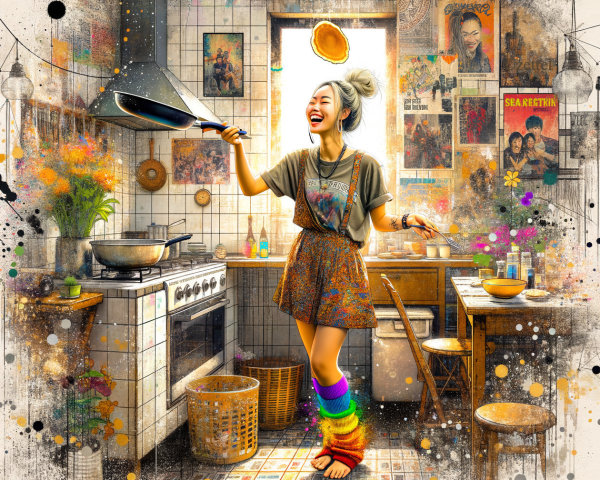 Joyful Woman Flipping Pancake in Colorful Kitchen