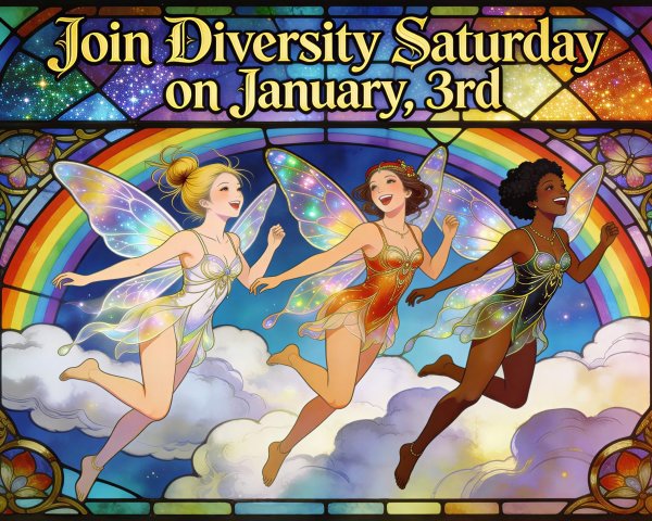 Three Anime Fairies with Rainbow Wings in Stained Glass