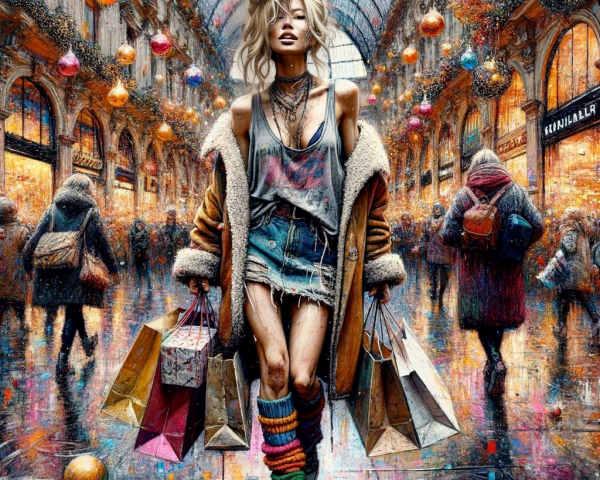 Vibrant Painting of Woman in Shopping Arcade Scene