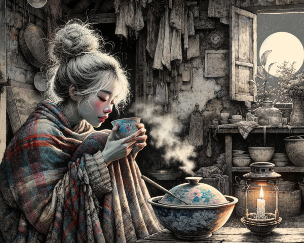 Cozy Rustic Room with Warm Light and Night Sky