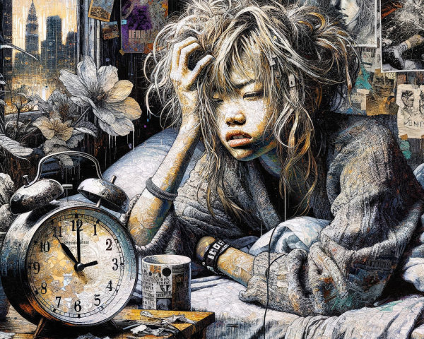 Young woman in bed, surrounded by vibrant decor