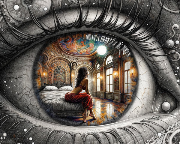 Giant Eye with Bedroom Scene and Cosmic Patterns