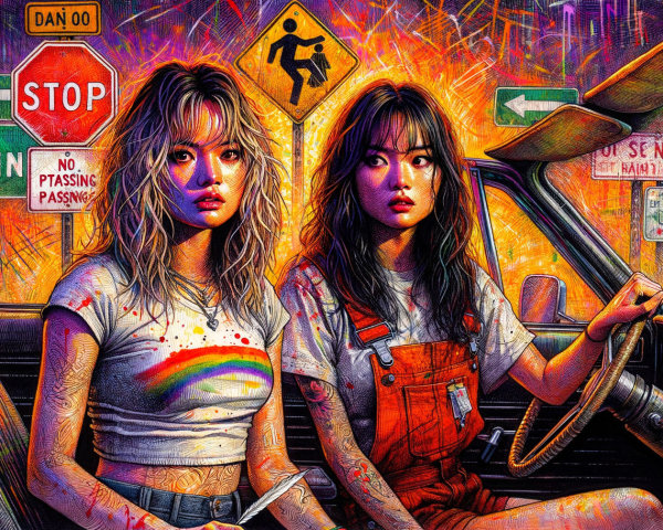 Young Women in Colorful Retro Car with Urban Vibe