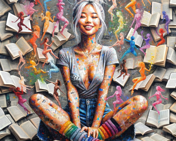 Vibrant Digital Painting of Woman Surrounded by Books