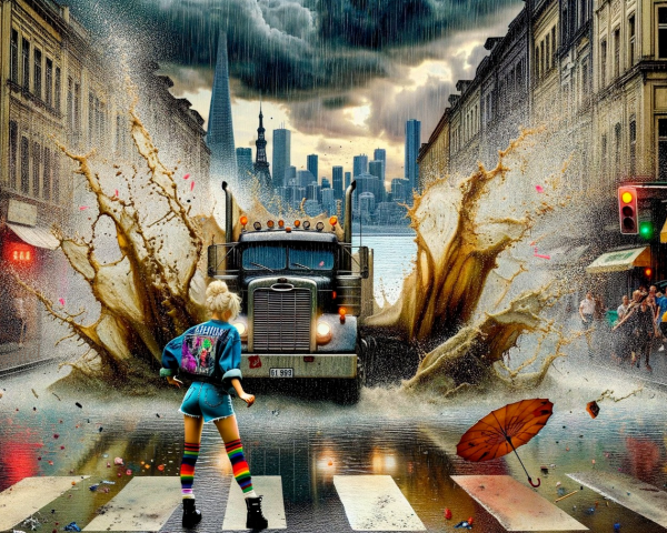 Urban Scene with Girl, Truck, and Stormy Sky