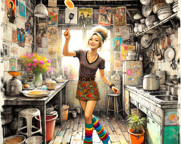 Colorful Kitchen Scene with Joyful Pancake Flipping